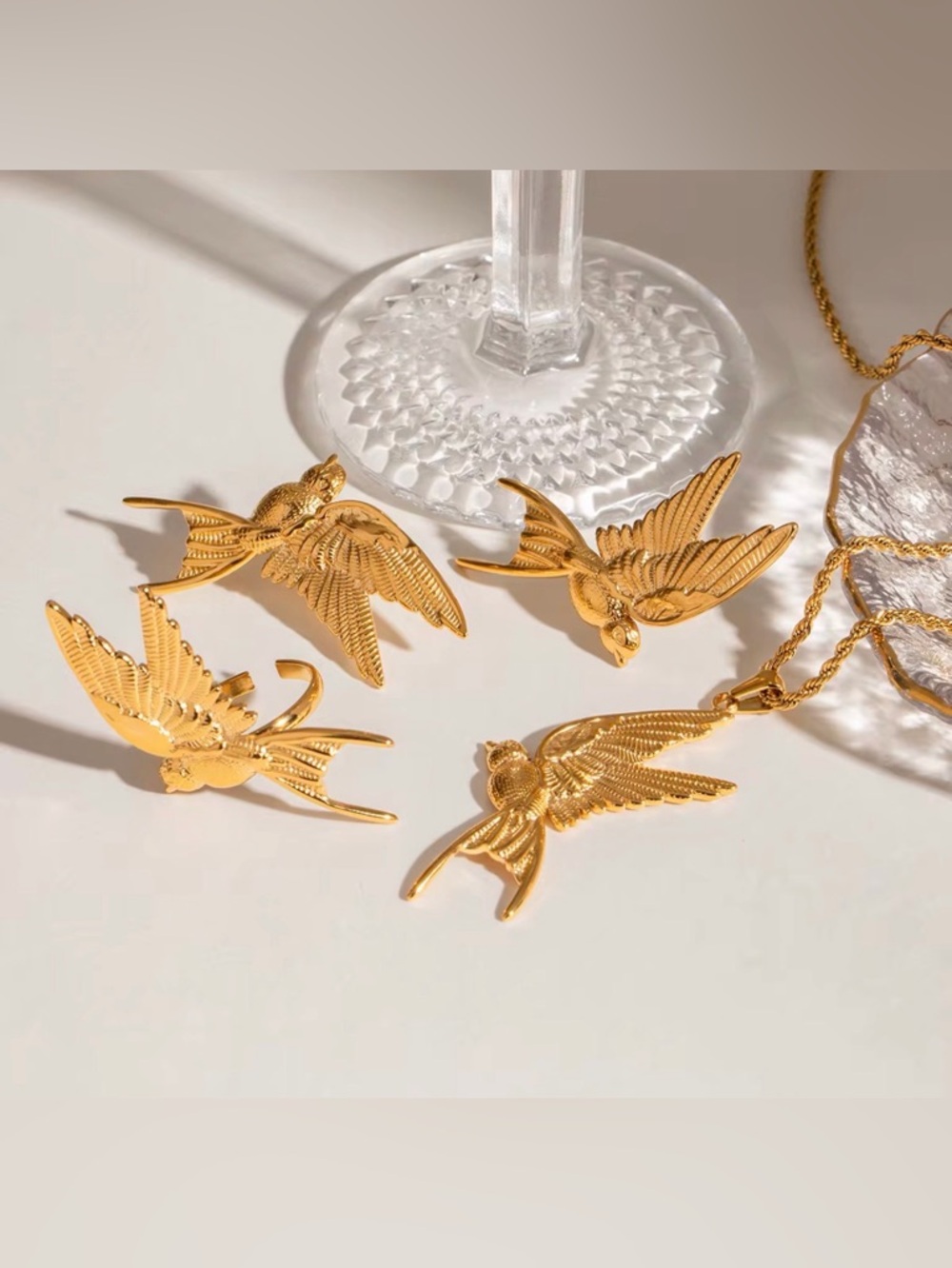 Bird Set Jewelry Gold Bird Pendant Necklace and Stud Earrings Set Dove Necklace - Picture 9 of 9